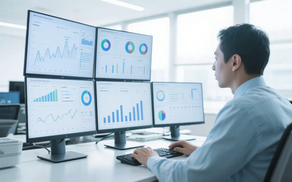 现代化数据分析场景,屏幕上显示图表与走势